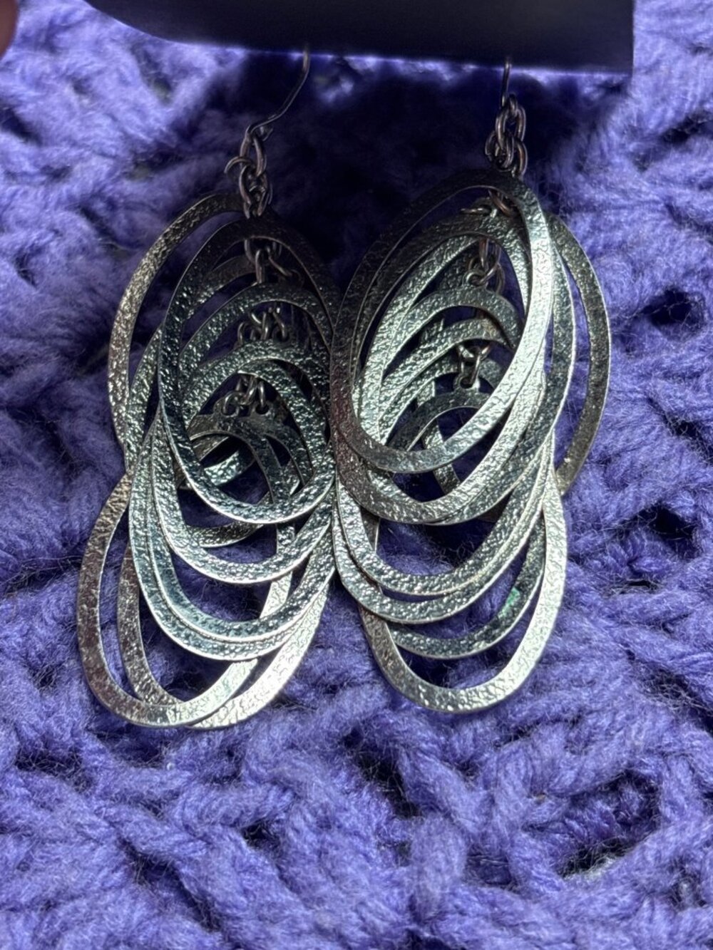 Textured Silvertone Ovals Cluster Dangle Earrings 2.25 inches - Picture 4 of 4